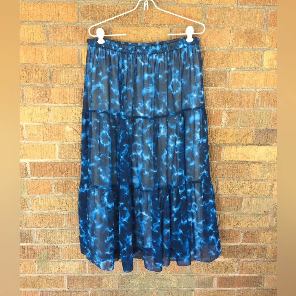 EUC Famous Boho Tiered Floating Midi Skirt, Tie Dye Navy, Linea, LG & MED